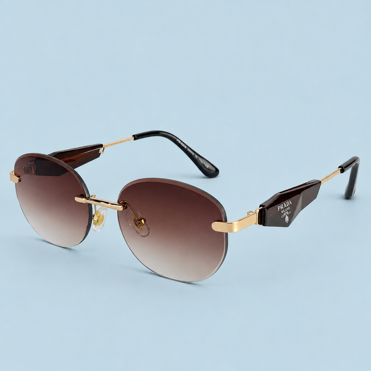 PRADA — Monture Ronde Sans Cerclage, Verres Marron Dégradé