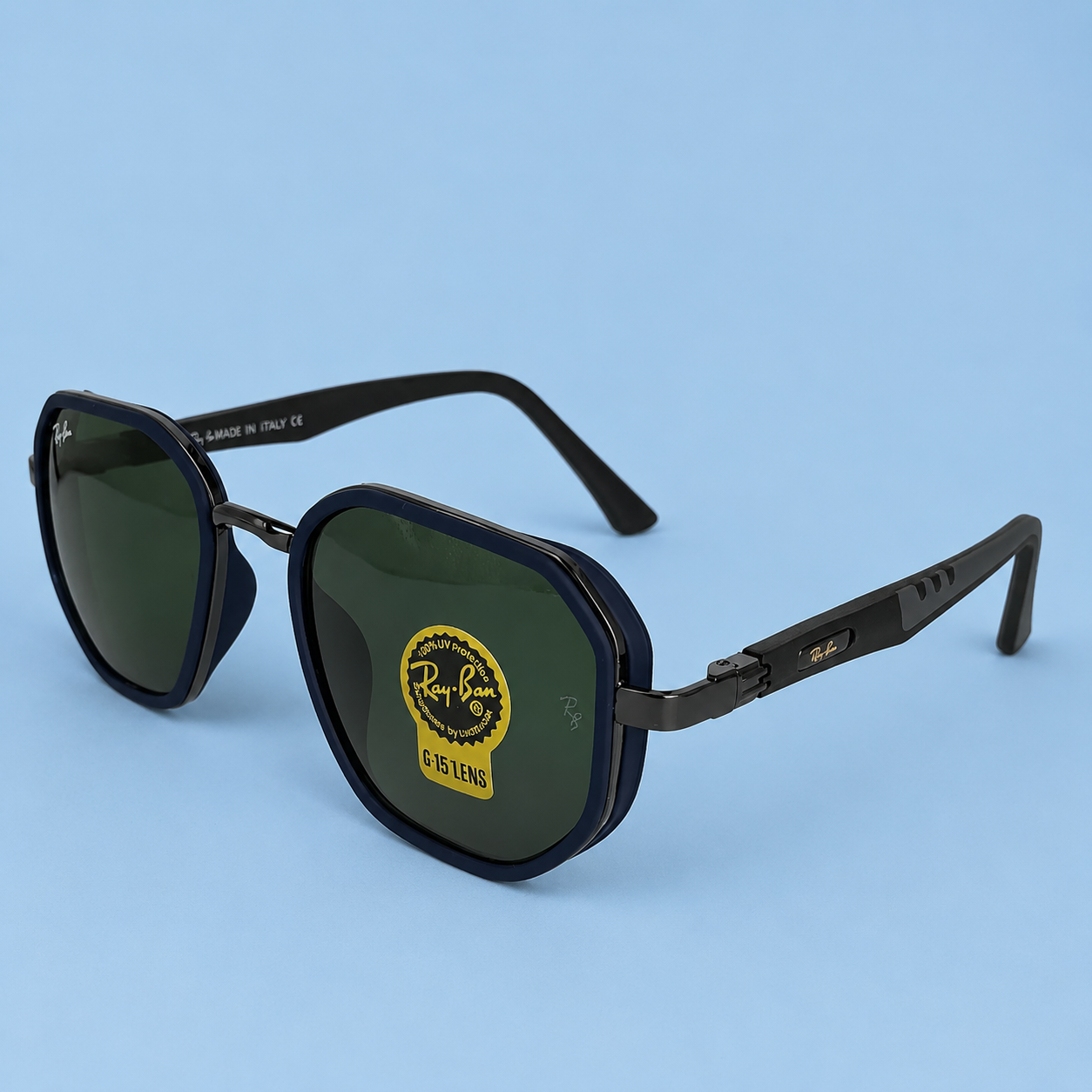 RAY-BAN — Monture Hexagonale Bleu Marine et Noir, Verres Verts G-15