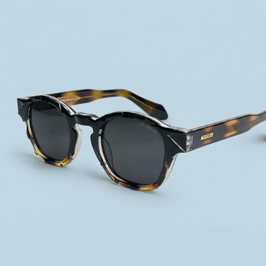 MOSCOT — Monture Ronde Noire Tigrée, Verres Noirs