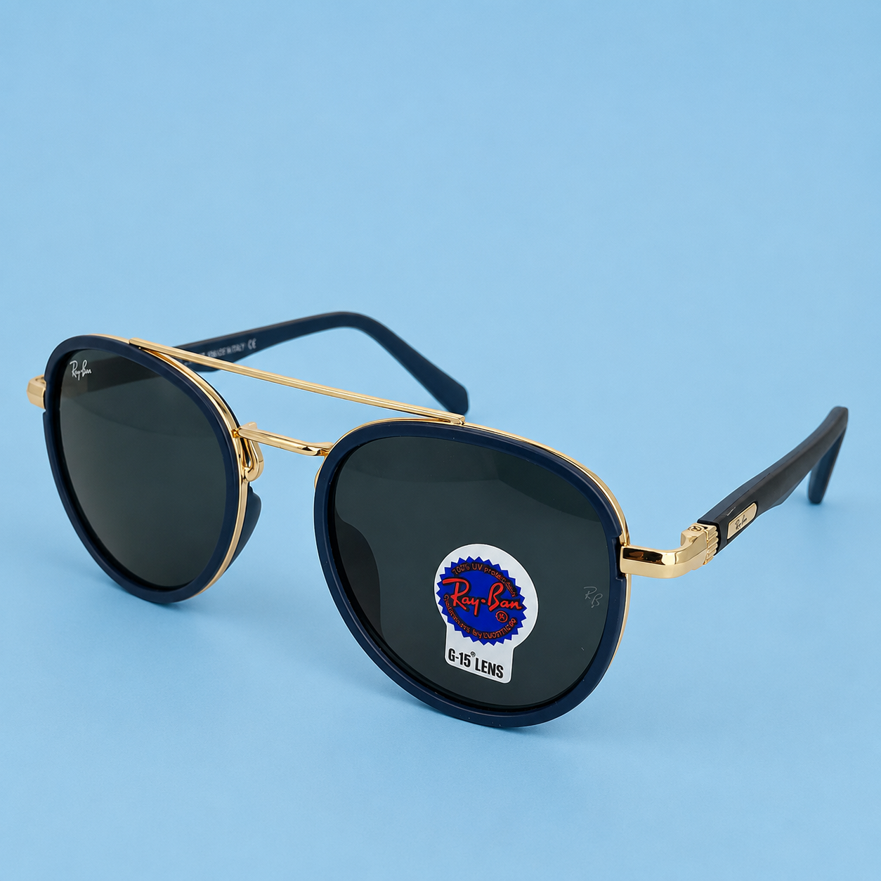 Ray-Ban Round Double Pont — Monture Bleu Marine/Dorée