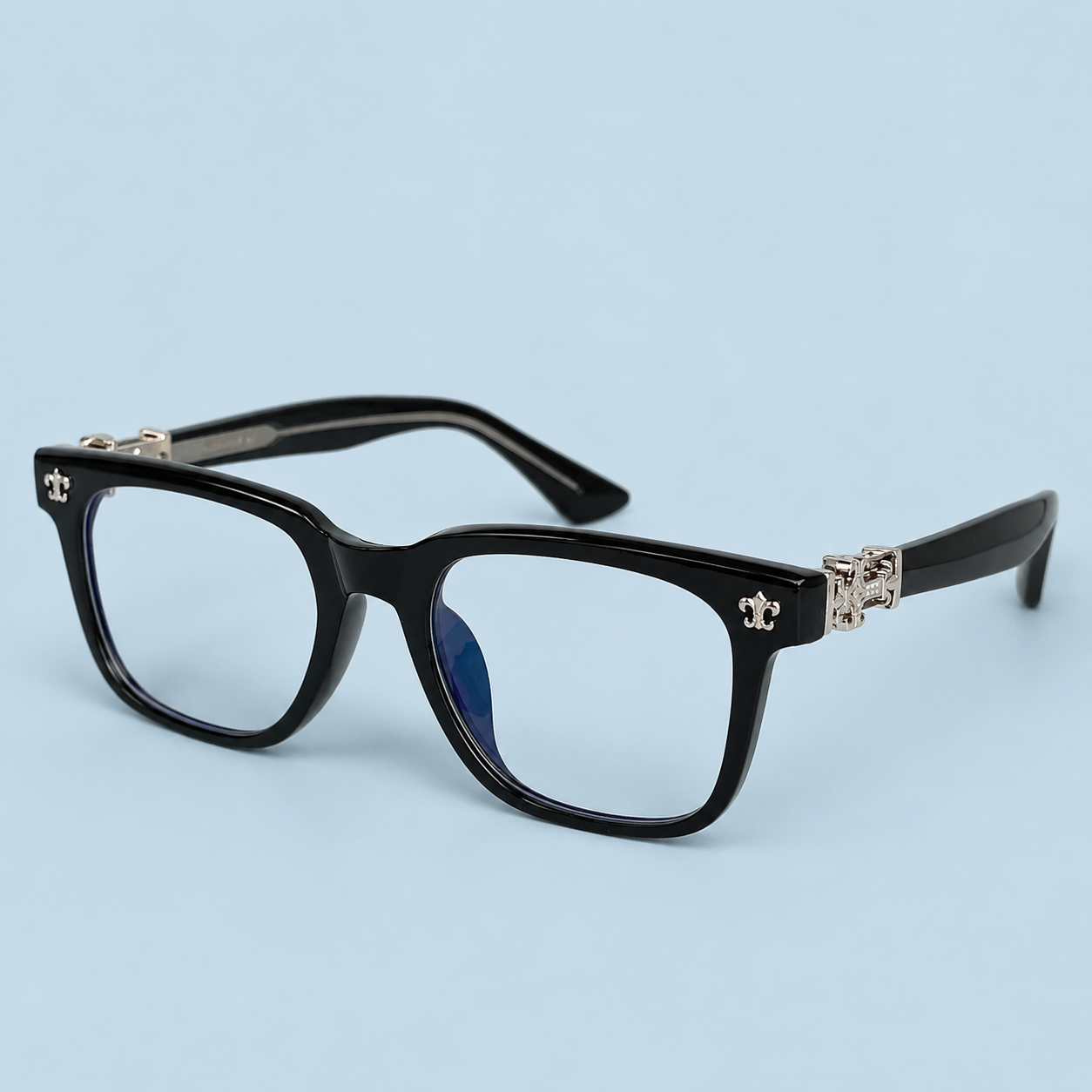 CHROME HEARTS — Monture Optique Carrée Noire, Ferrures Argentées