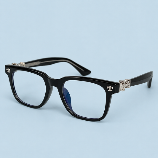 Monture Optique Carrée Noire Mat, Ferrures Argentées Croix
