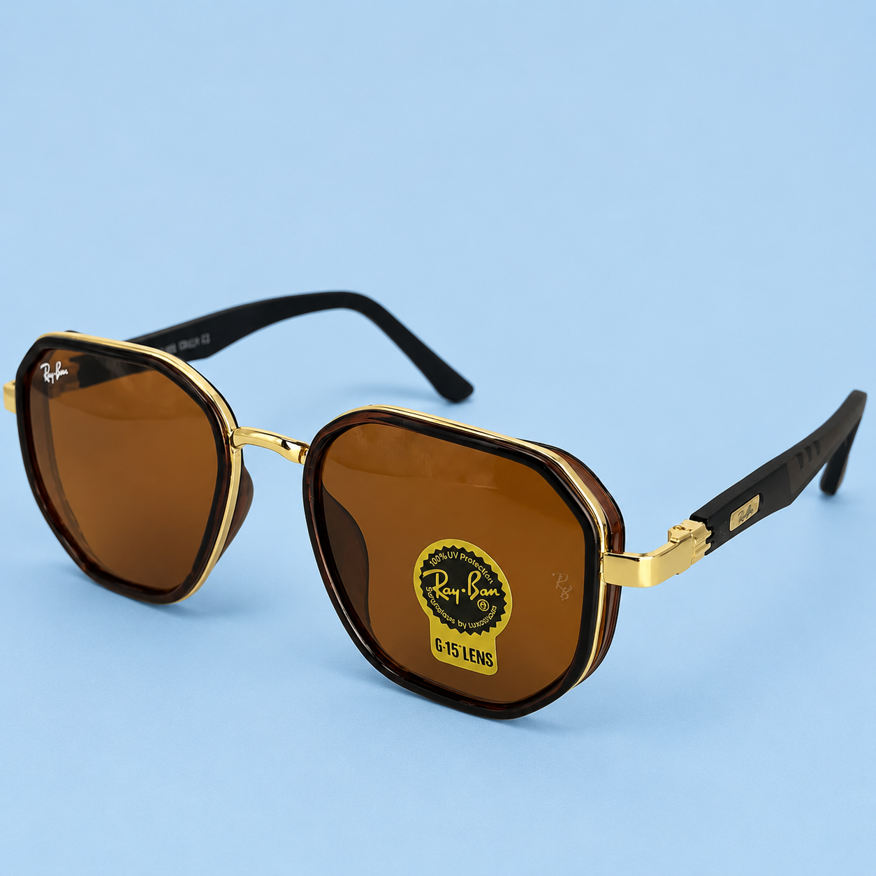 RAY-BAN — Monture Hexagonale Marron et Doré, Verres Marron G-15