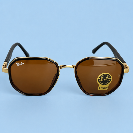 RAY-BAN — Monture Hexagonale Marron et Doré, Verres Marron G-15