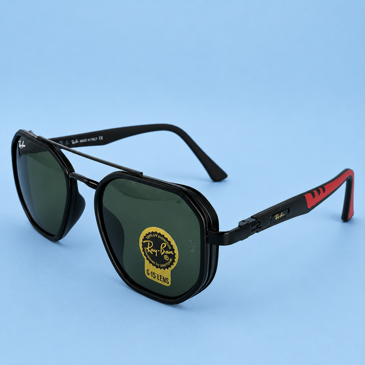 RAY-BAN — Monture Aviateur Noire Mate, Verres Verts G-15