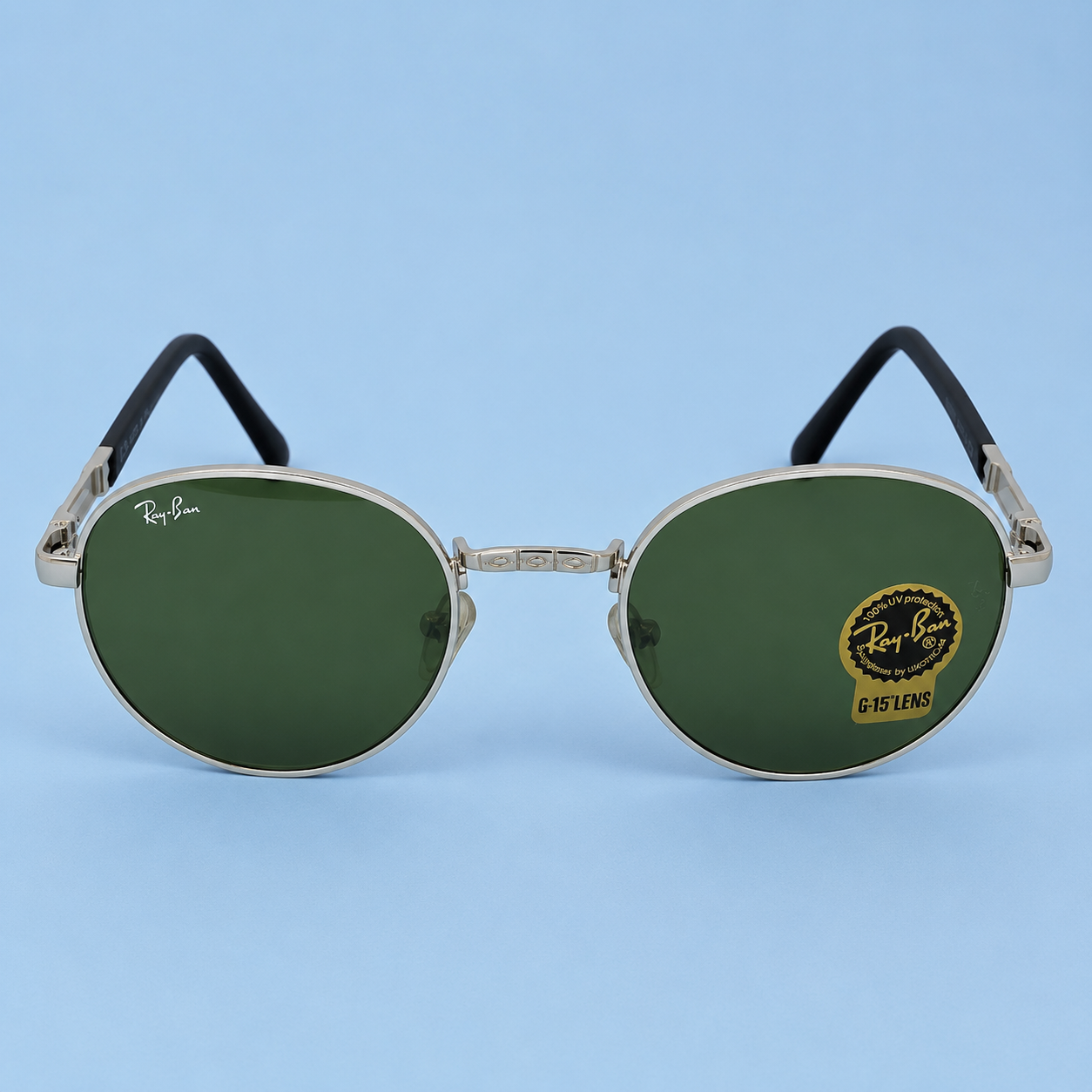 RAY-BAN — Monture Ronde Argentée, Verres Verts G-15