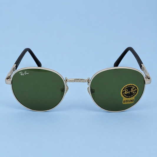 RAY-BAN — Monture Ronde Argentée, Verres Verts G-15