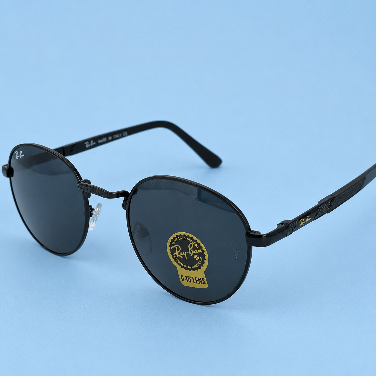 RAY-BAN — Monture Ronde Noire, Verres Noirs G-15