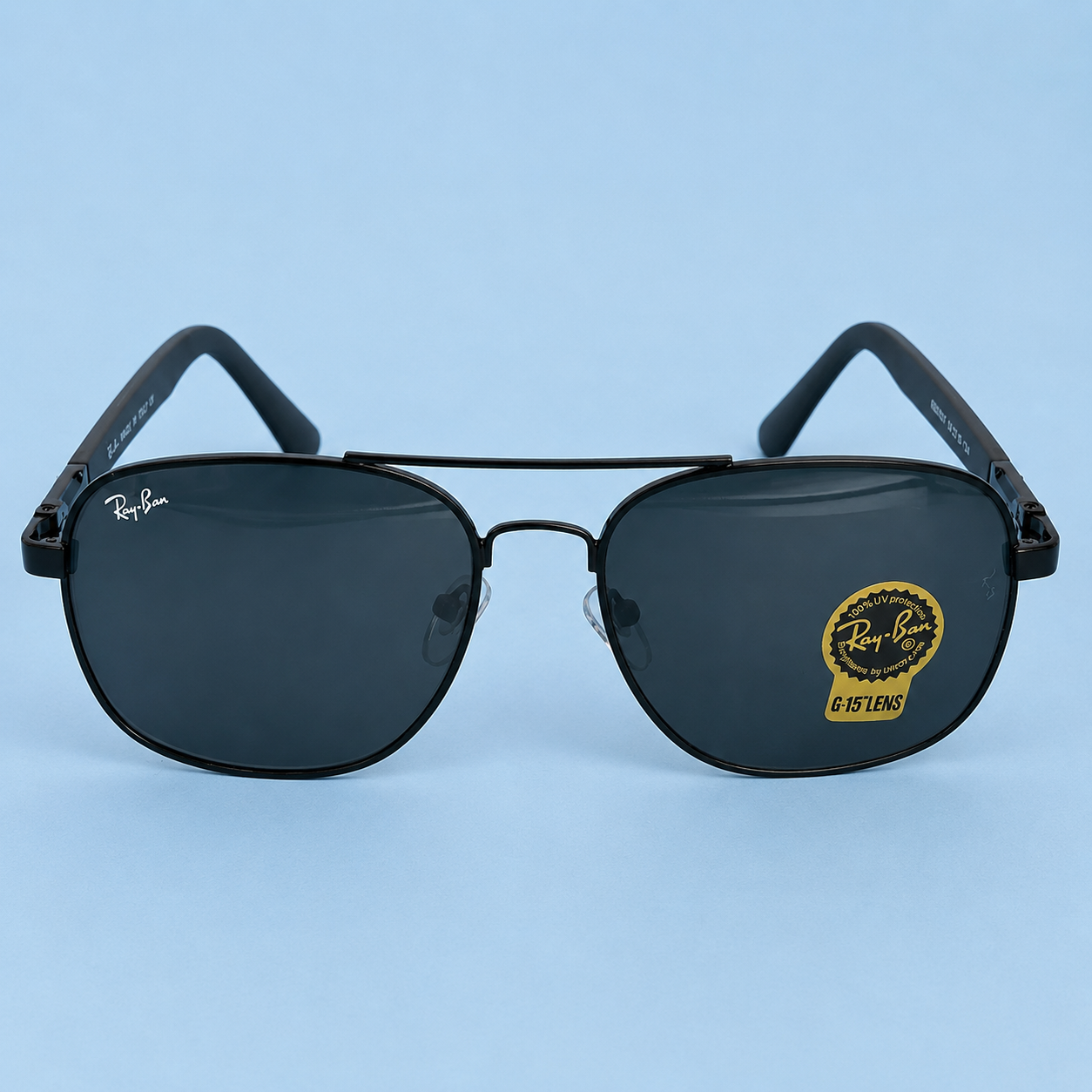 RAY-BAN — Monture Aviateur Carrée Noire, Verres Noirs G-15