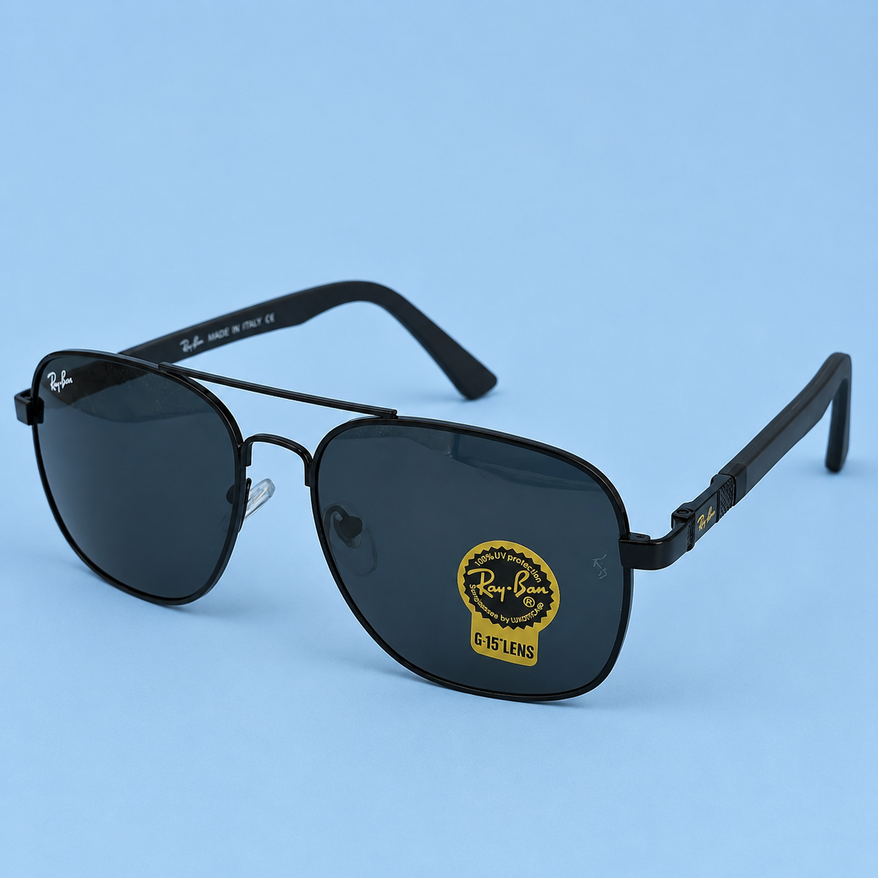 RAY-BAN — Monture Aviateur Carrée Noire, Verres Noirs G-15