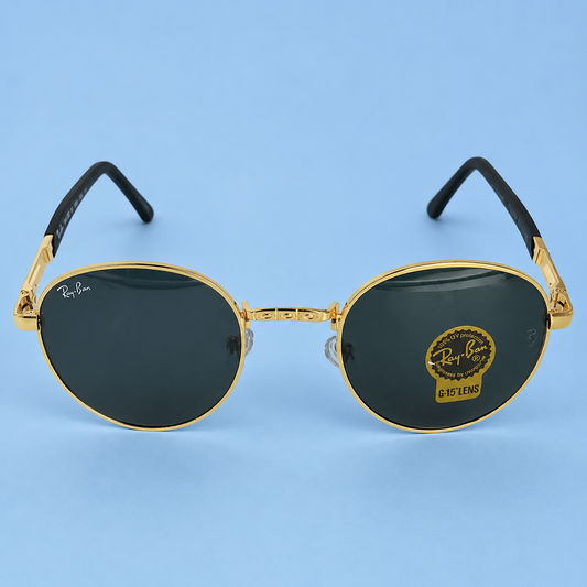 RAY-BAN — Monture Ronde Métal Doré, Verres Noirs G-15