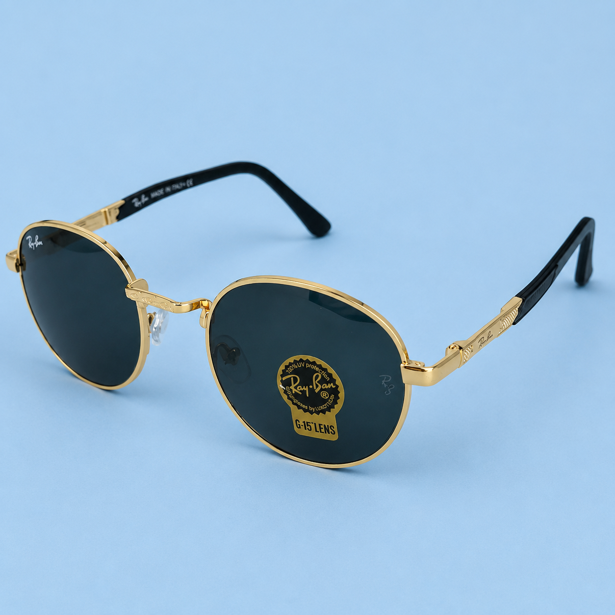 RAY-BAN — Monture Ronde Métal Doré, Verres Noirs G-15