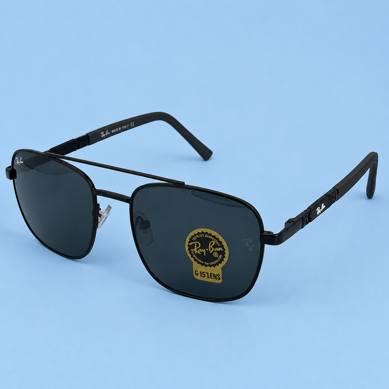 RAY-BAN — Monture Aviateur Carrée, Métal Noir, Verres Noirs G-15