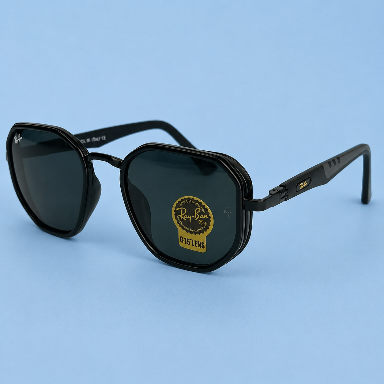 RAY-BAN — Monture Hexagonale Noire, Verres Noirs G-15