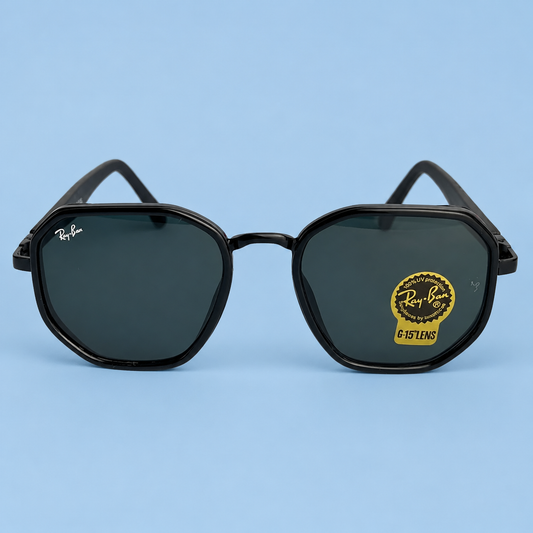 RAY-BAN — Monture Hexagonale Noire, Verres Noirs G-15