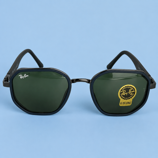 RAY-BAN — Monture Hexagonale Bleu Marine et Noir, Verres Verts G-15