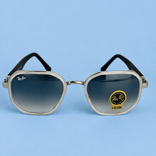 RAY-BAN — Monture Hexagonale Transparente et Argentée, Verres Bleu Dégradé