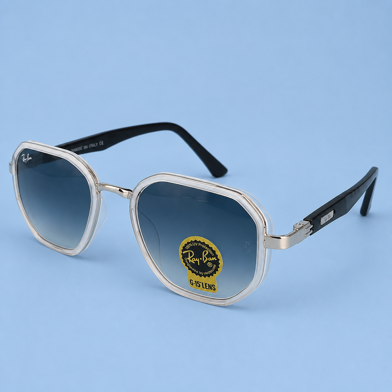RAY-BAN — Monture Hexagonale Transparente et Argentée, Verres Bleu Dégradé