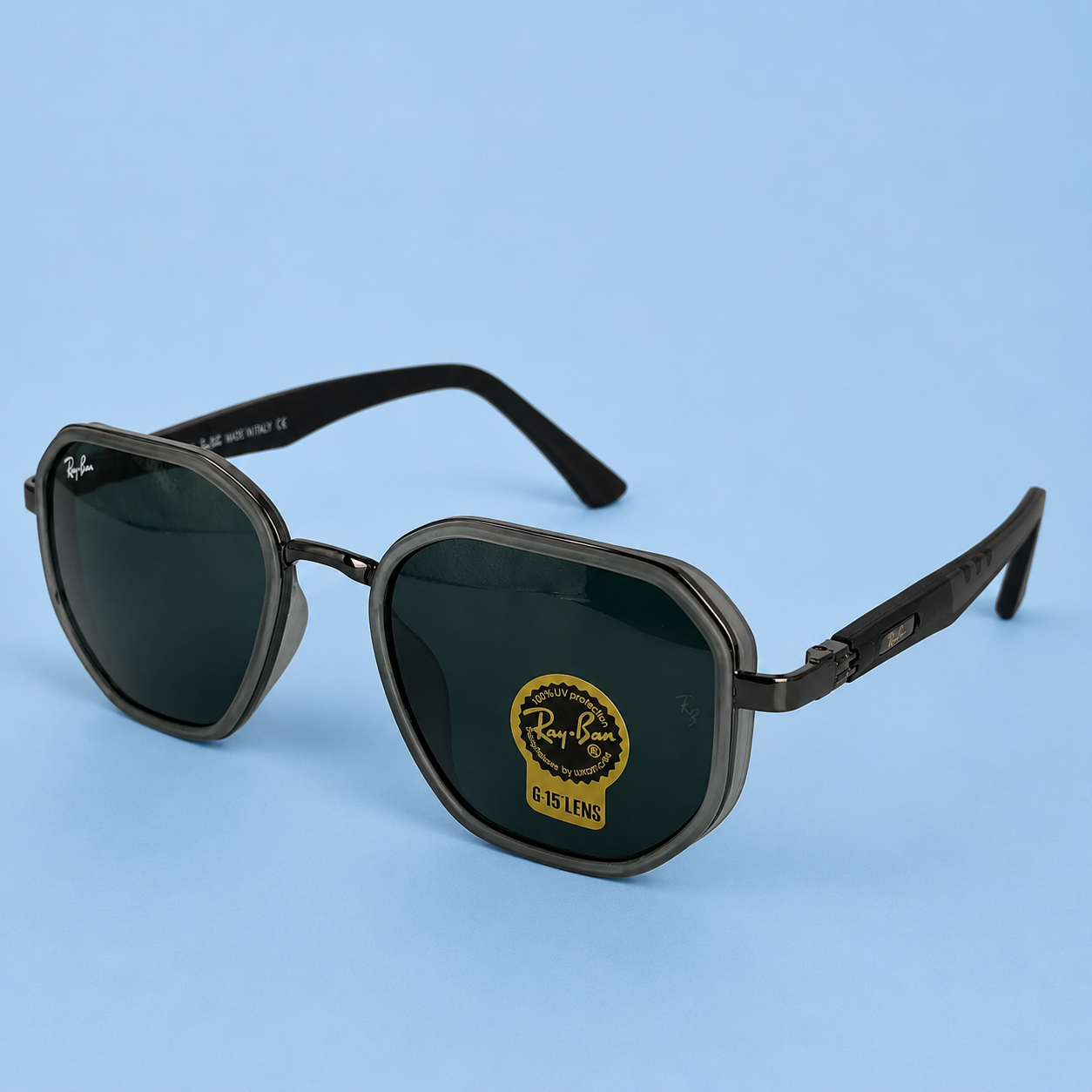 RAY-BAN — Monture Hexagonale Grise et Gunmetal, Verres Noirs G-15
