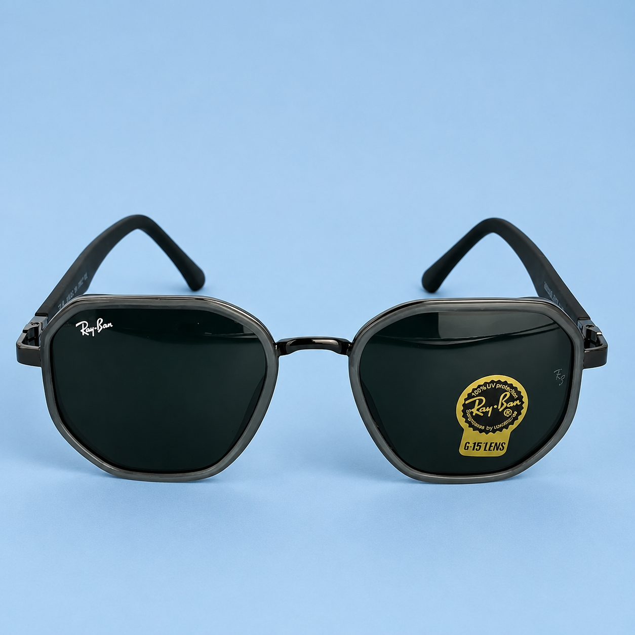 RAY-BAN — Monture Hexagonale Grise et Gunmetal, Verres Noirs G-15