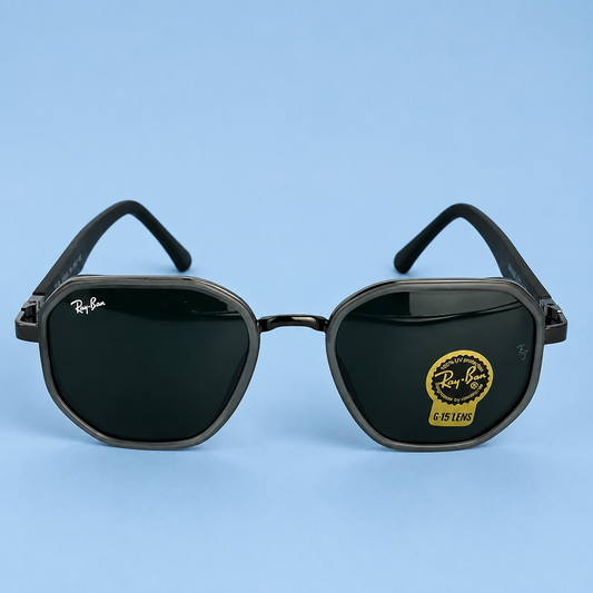 RAY-BAN — Monture Hexagonale Grise et Gunmetal, Verres Noirs G-15