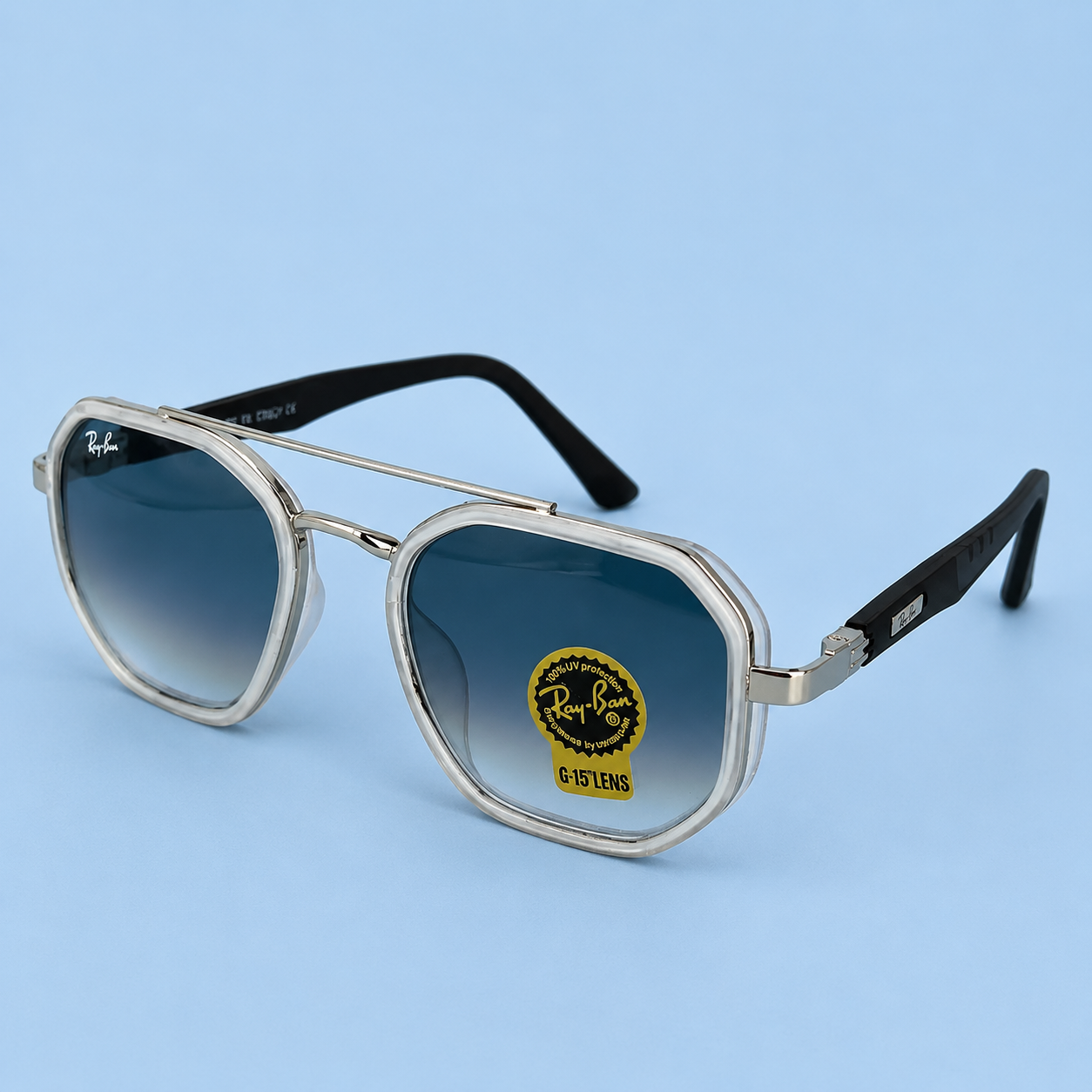 RAY-BAN — Monture Aviateur Transparente et Argentée, Verres Bleu Dégradé