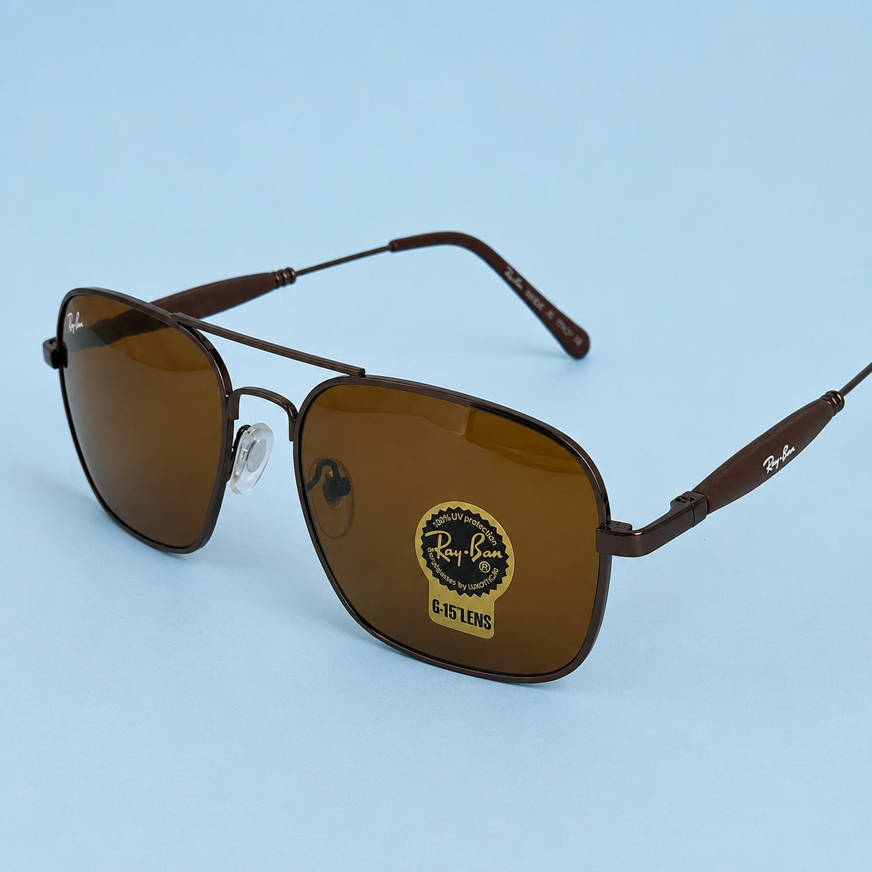 RAY-BAN — Monture Aviateur Carrée, Métal Marron, Verres Marron G-15