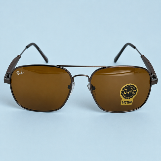 RAY-BAN — Monture Aviateur Carrée, Métal Marron, Verres Marron G-15
