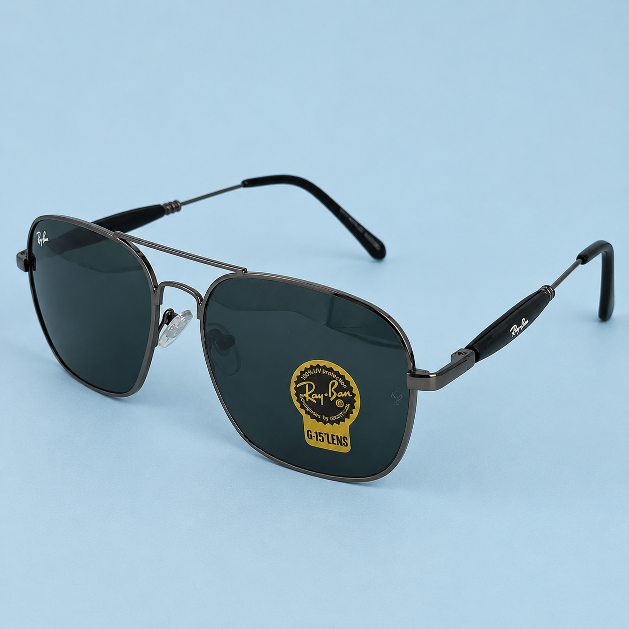 RAY-BAN — Monture Aviateur Carrée, Métal Noir Gunmetal, Verres Noirs G-15