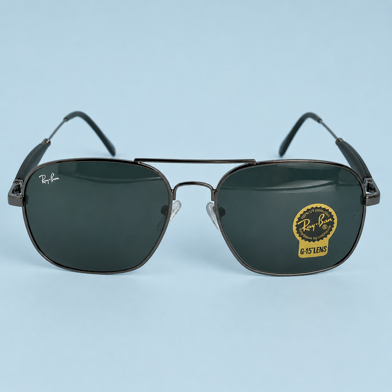 RAY-BAN — Monture Aviateur Carrée, Métal Noir Gunmetal, Verres Noirs G-15