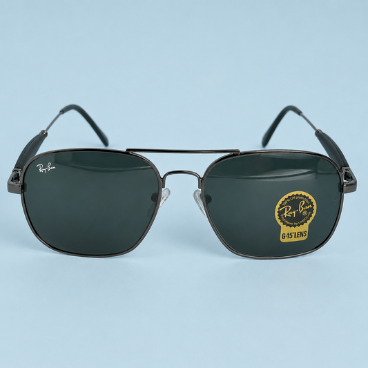 RAY-BAN — Monture Aviateur Carrée, Métal Noir Gunmetal, Verres Noirs G-15