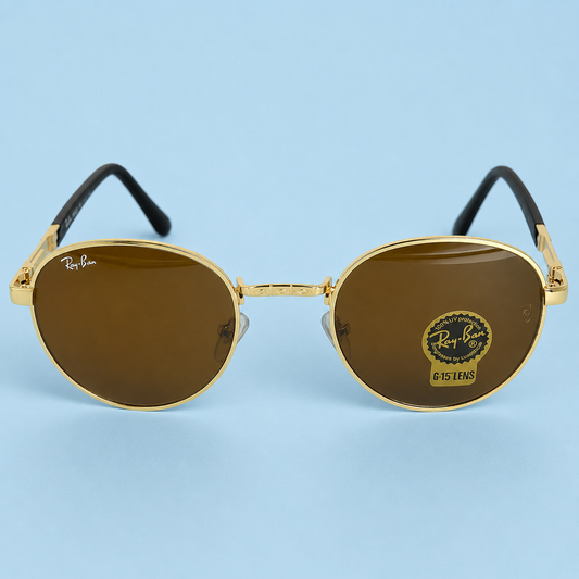 RAY-BAN — Monture Ronde Métal Doré, Verres Marron G-15
