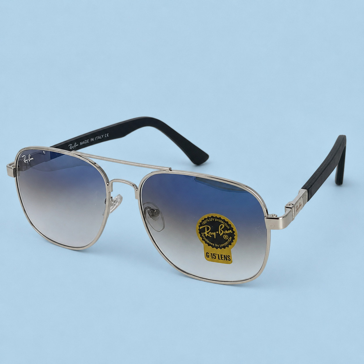 RAY-BAN — Monture Aviateur Carrée, Métal Argenté, Verres Bleu Dégradé