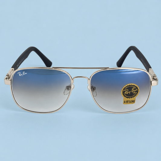 RAY-BAN — Monture Aviateur Carrée, Métal Argenté, Verres Bleu Dégradé
