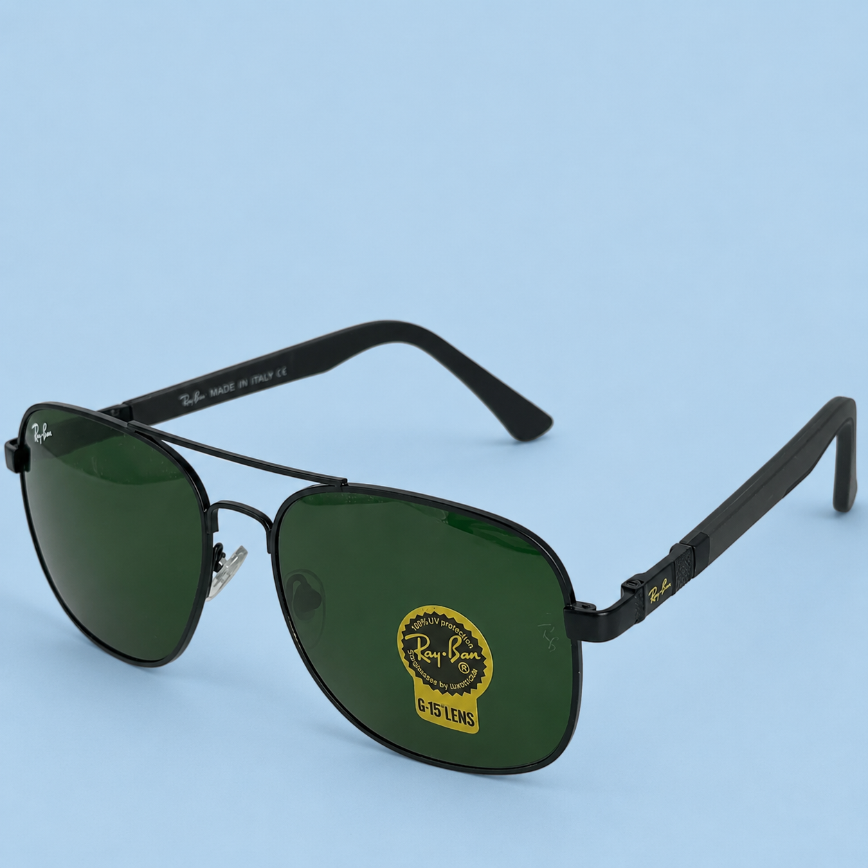 RAY-BAN — Monture Aviateur Carrée, Métal Noir, Verres Verts G-15