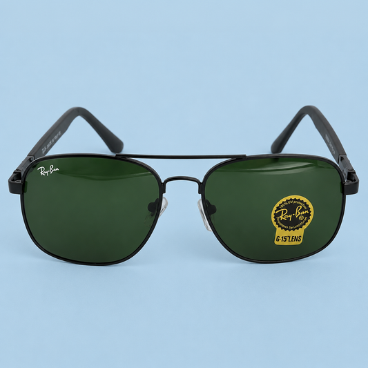 RAY-BAN — Monture Aviateur Carrée, Métal Noir, Verres Verts G-15