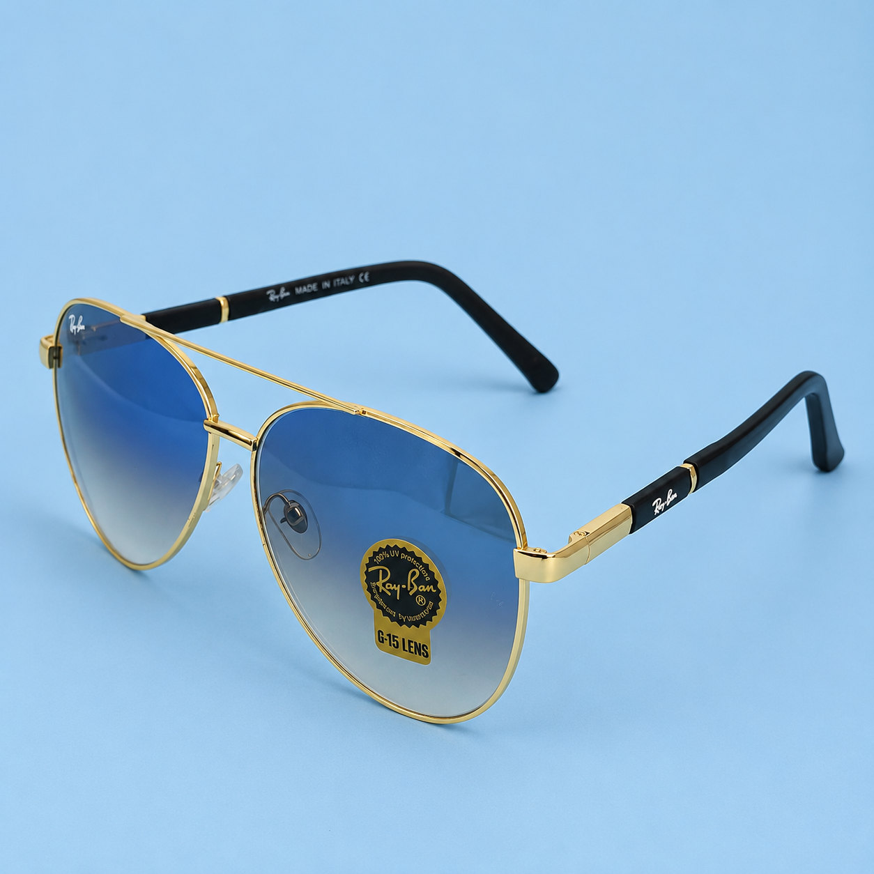 RAY-BAN — Monture Aviateur Classique, Métal Doré, Verres Bleu Dégradé