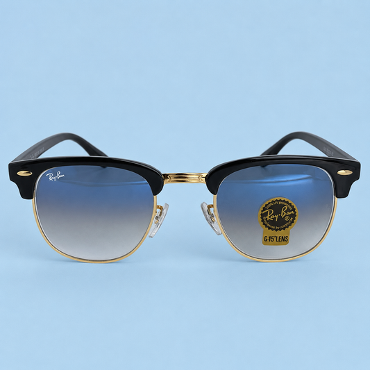 RAY-BAN — Monture Clubmaster, Acétate Noir et Métal Doré, Verres Bleu Dégradé