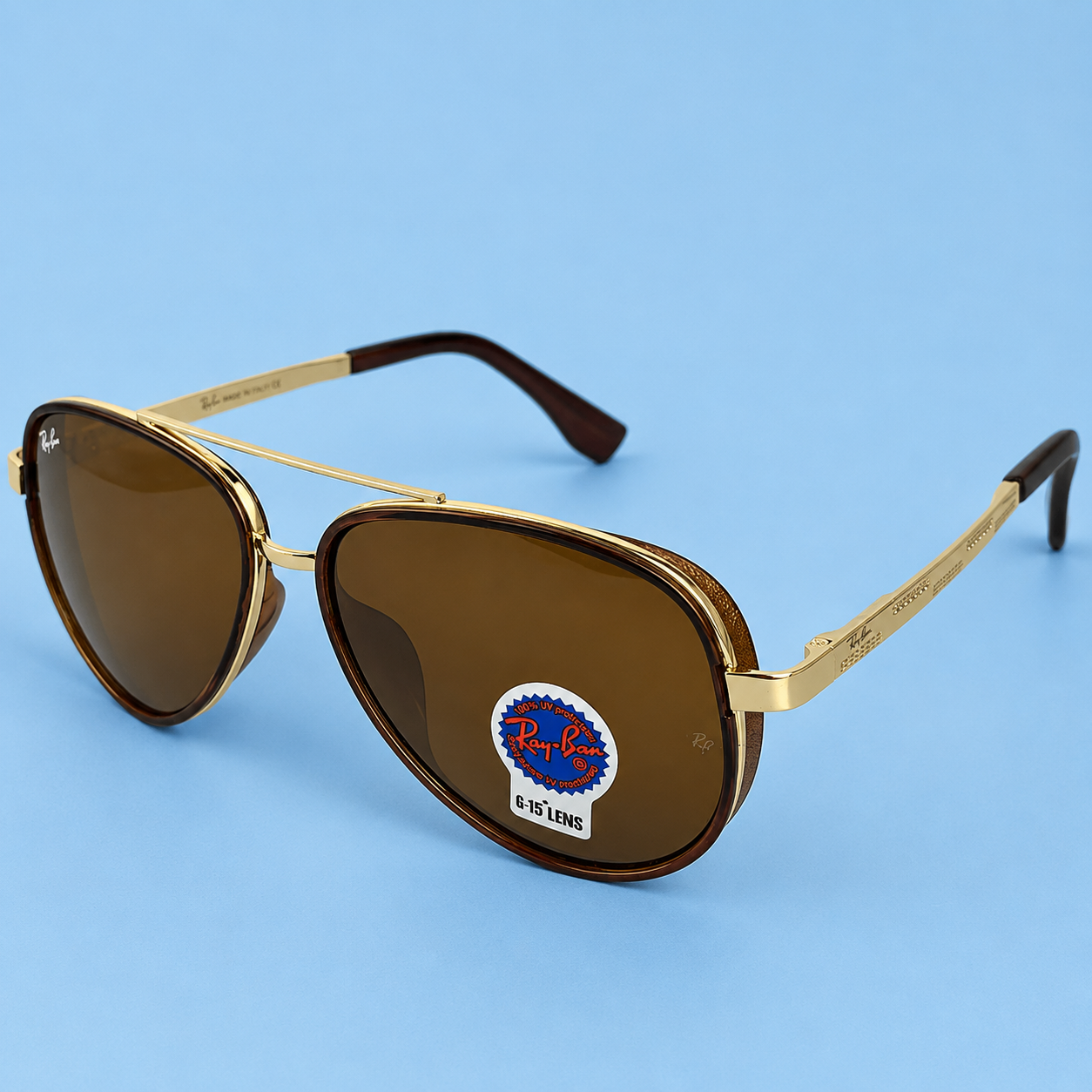 RAY-BAN — Monture Aviateur, Métal Doré et Écaille Marron, Verres Marron