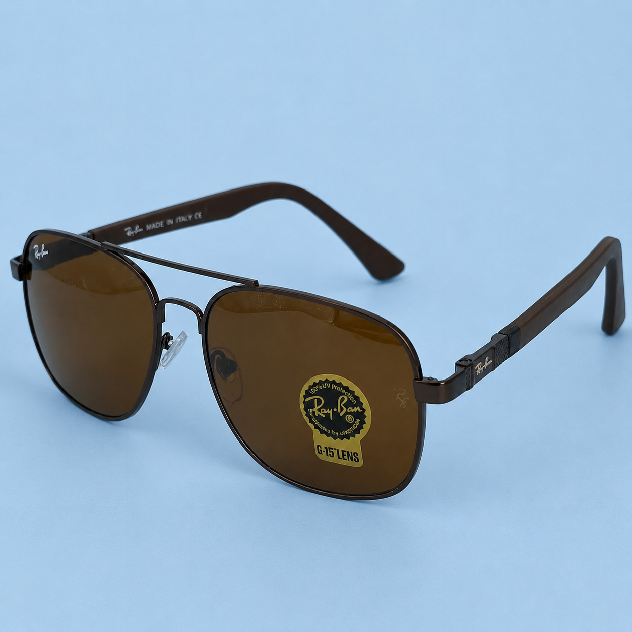 RAY-BAN — Monture Aviateur Carrée, Métal Marron Foncé, Verres Marron G-15