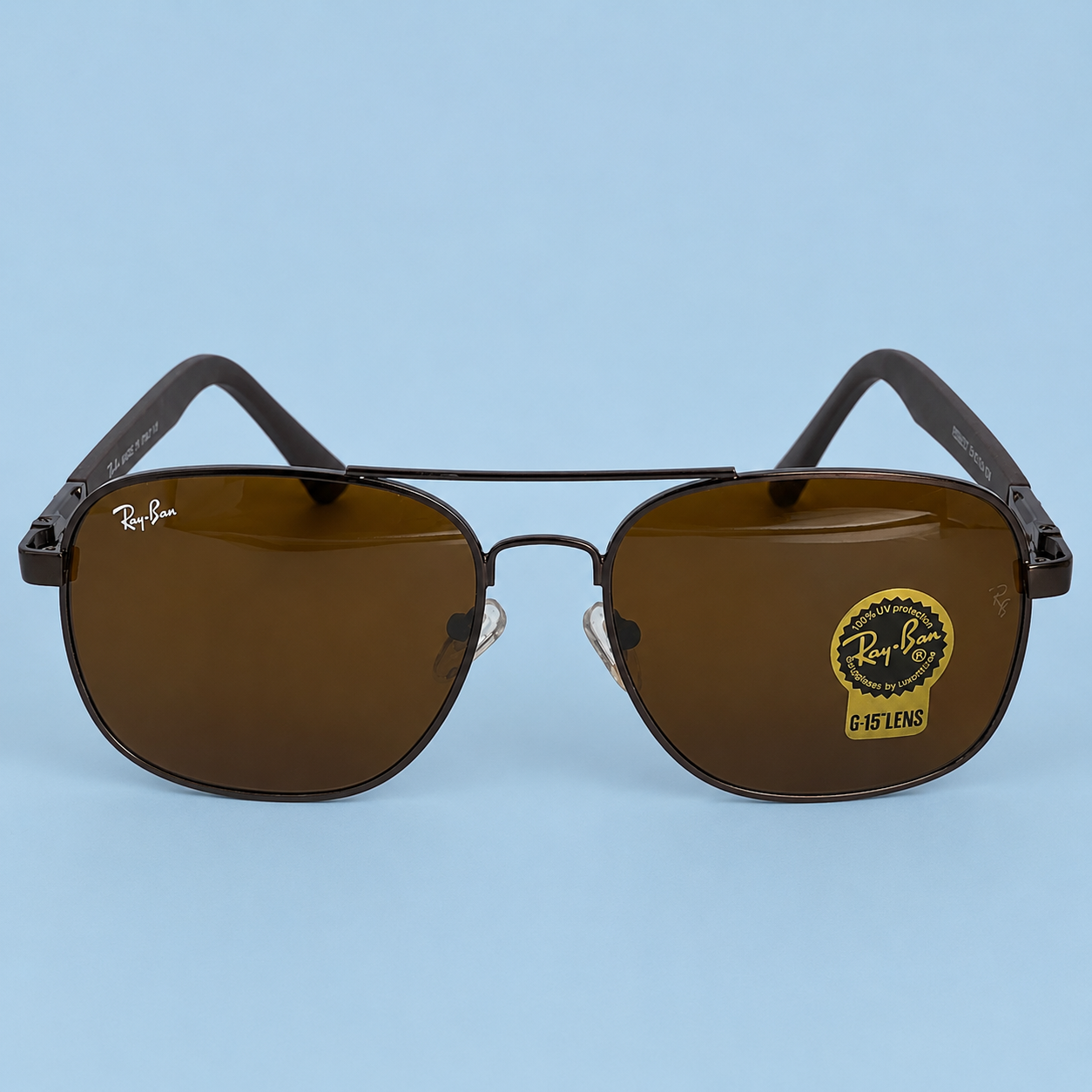RAY-BAN — Monture Aviateur Carrée, Métal Marron Foncé, Verres Marron G-15