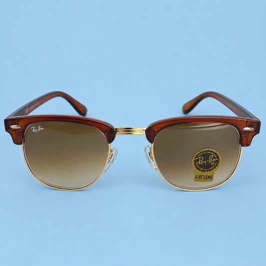 RAY-BAN — Monture Clubmaster, Acétate Marron et Métal Doré, Verres Marron Dégradé