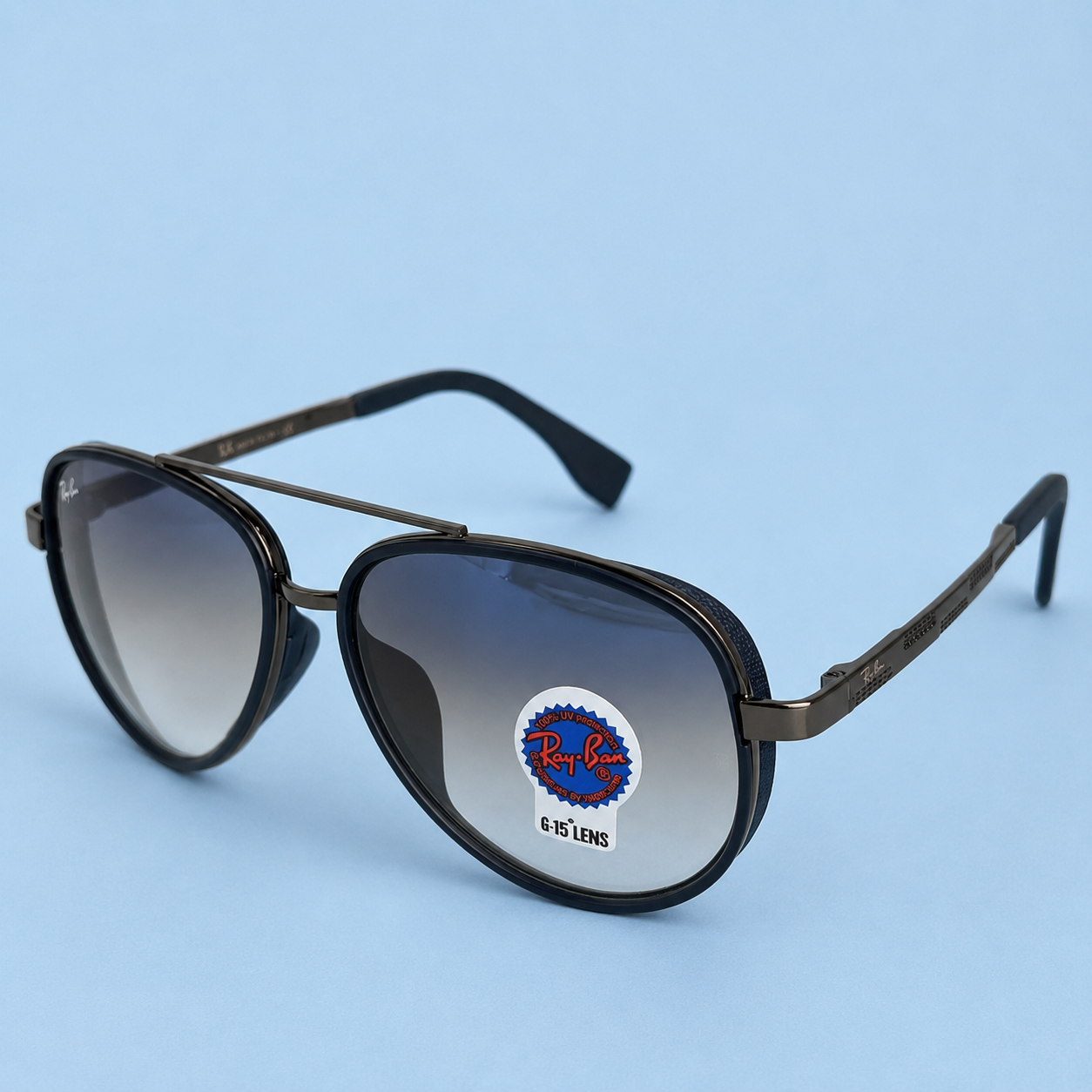 RAY-BAN — Monture Aviateur Ronde, Acétate Bleu Marine et Métal Gunmetal, Verres Bleu Dégradé