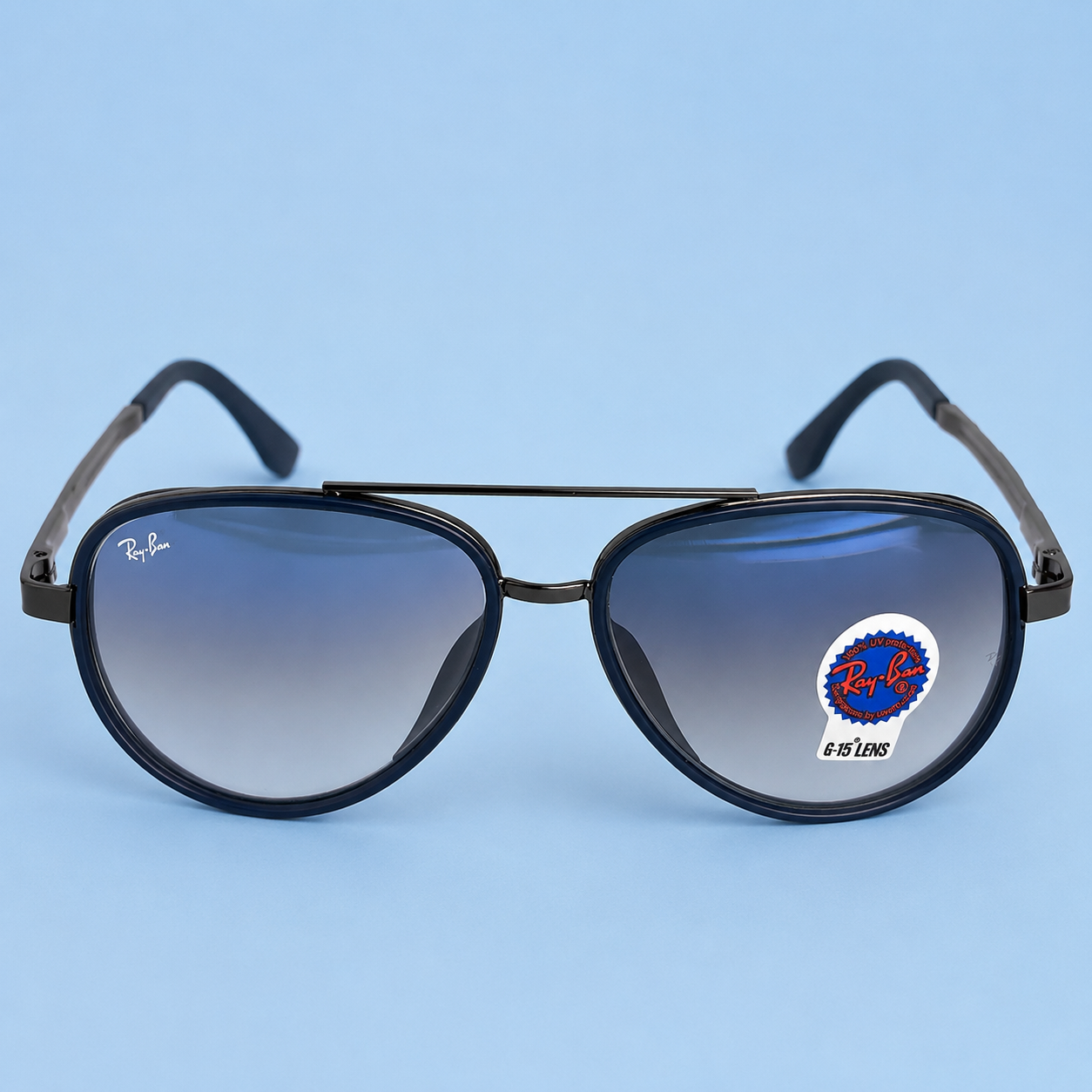 RAY-BAN — Monture Aviateur Ronde, Acétate Bleu Marine et Métal Gunmetal, Verres Bleu Dégradé