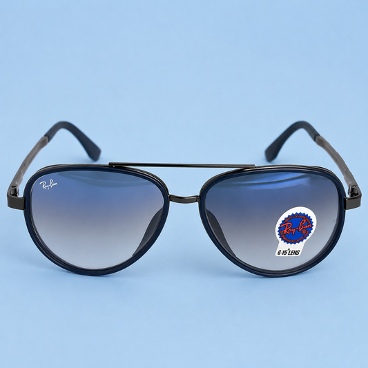 RAY-BAN — Monture Aviateur Ronde, Acétate Bleu Marine et Métal Gunmetal, Verres Bleu Dégradé