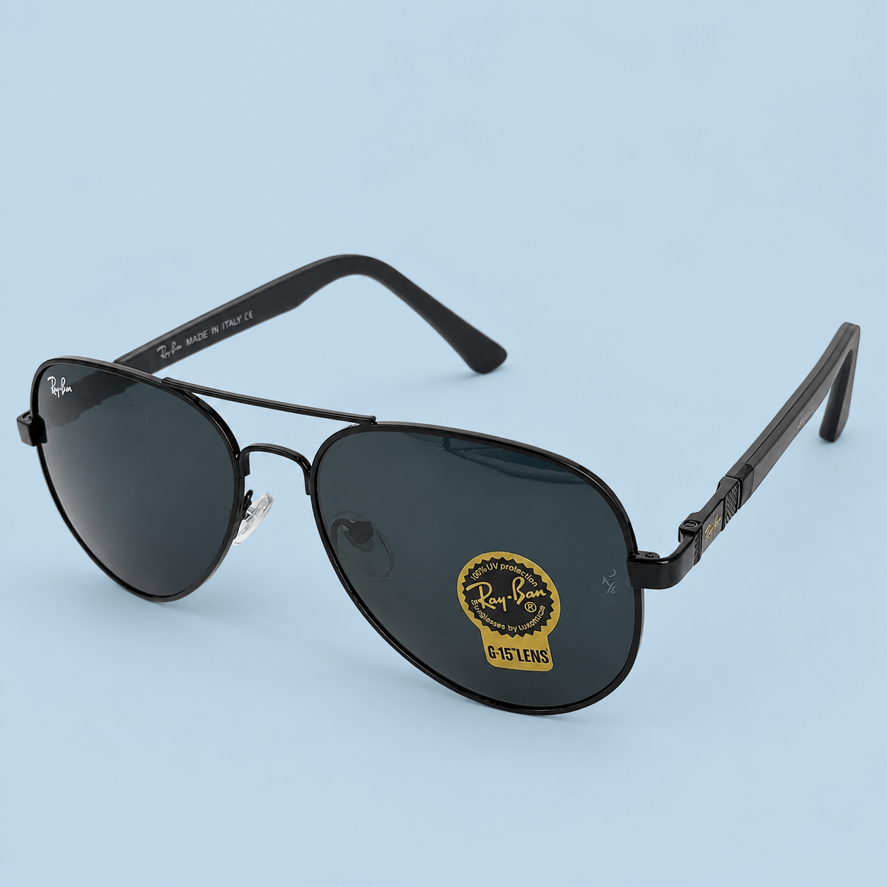 RAY-BAN — Monture Aviateur Ronde, Métal Noir, Verres Noir Mat