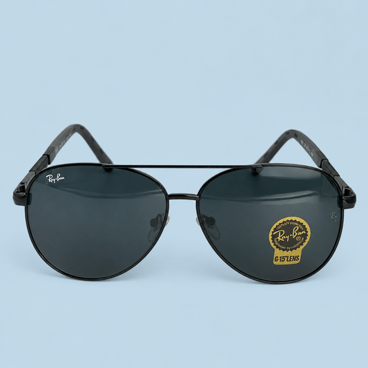 RAY-BAN — Monture Aviateur Ronde, Métal Noir, Verres Noir Mat