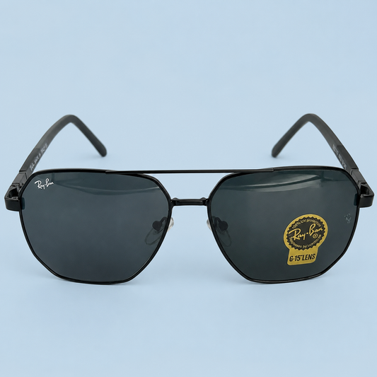 RAY-BAN — Monture Aviateur Géométrique, Métal Noir, Verres Noir Mat