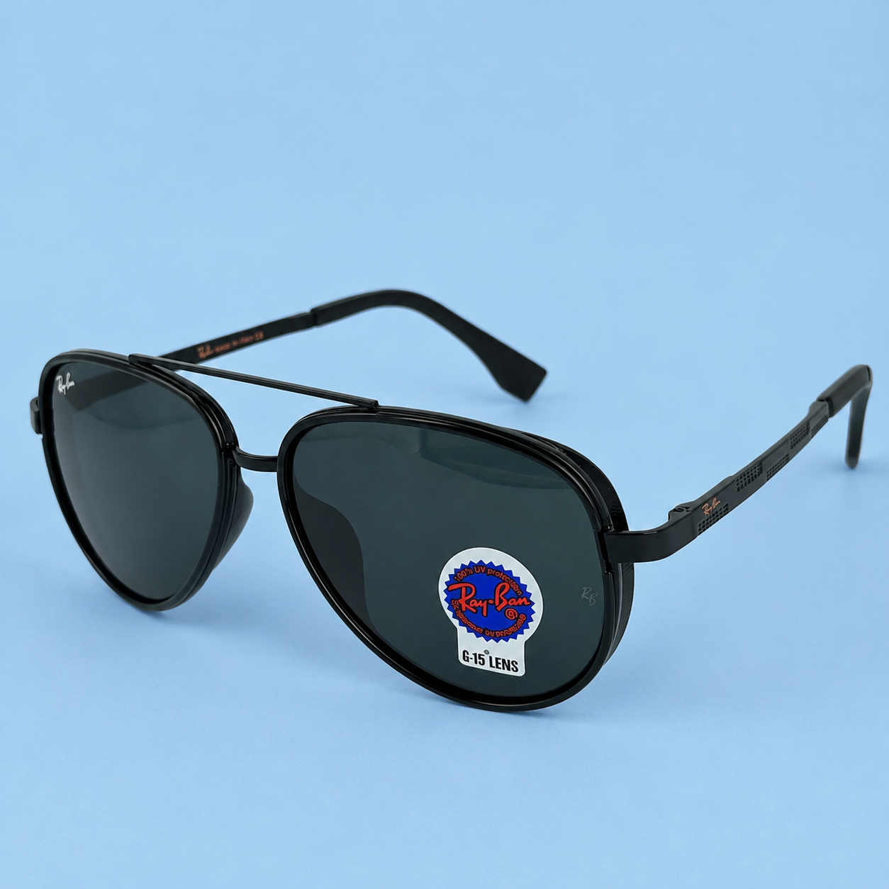 RAY-BAN — Monture Aviateur Ronde, Acétate et Métal Noir, Verres Noirs