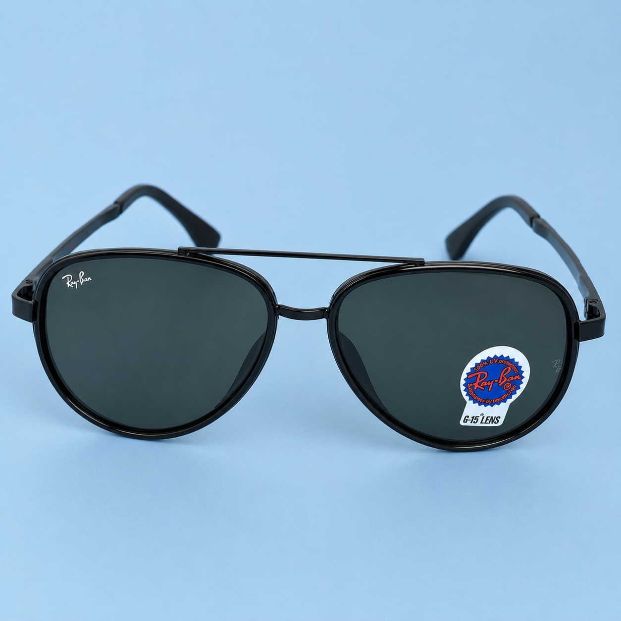 RAY-BAN — Monture Aviateur Ronde, Acétate et Métal Noir, Verres Noirs
